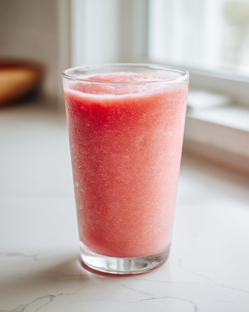 A tall glass filled with a thick, frosty, pink watermelon smoothie sitting on a white marble counter.