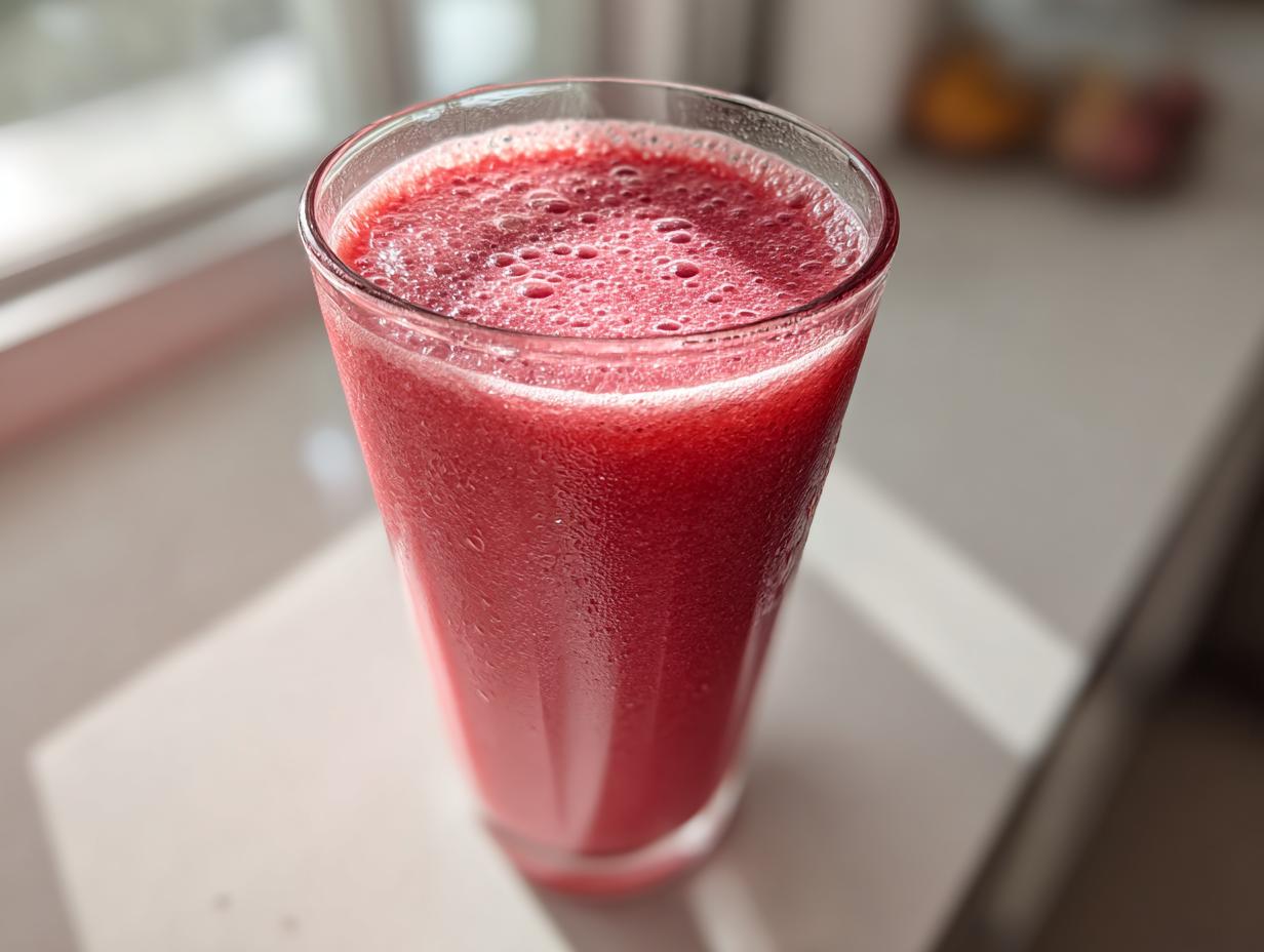 Close-up of a tall glass filled with a vibrant red, frothy watermelon smoothie, showing condensation on the glass.