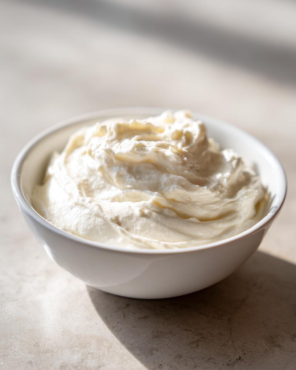 A close-up shot of thick, creamy white pizza sauce swirled in a small white bowl.