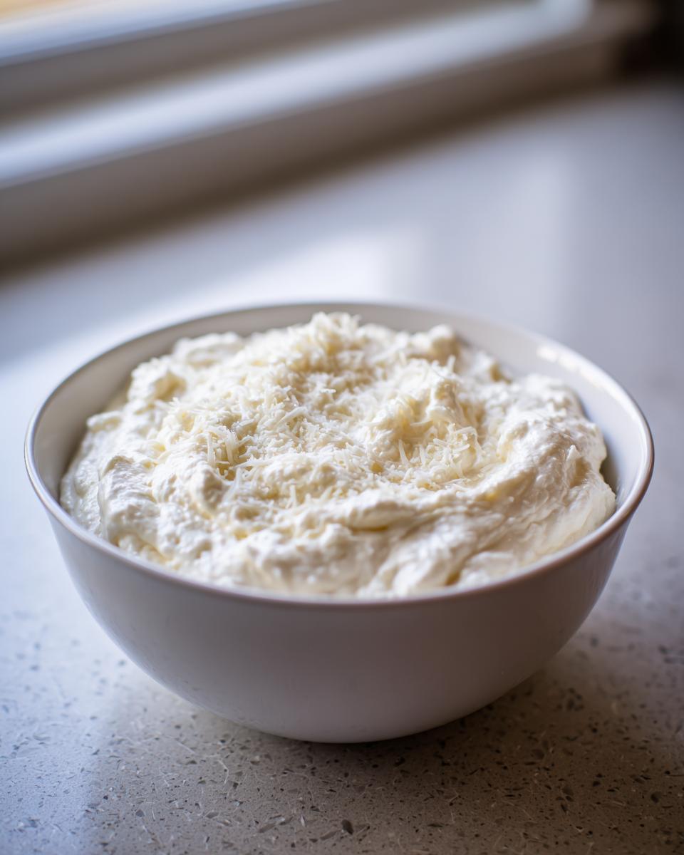 A white bowl filled with creamy white pizza sauce, topped with grated Parmesan cheese, sitting on a light countertop.