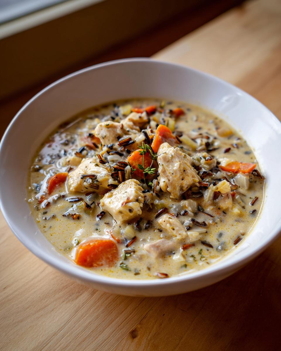 Close-up of a creamy wild rice soup featuring chunks of chicken, bright orange carrots, and wild rice in a white bowl.