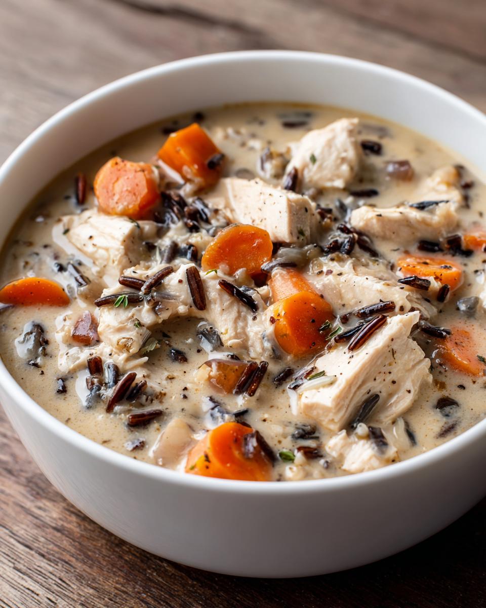 Close-up of creamy wild rice soup featuring chunks of chicken, bright orange carrots, and dark wild rice.