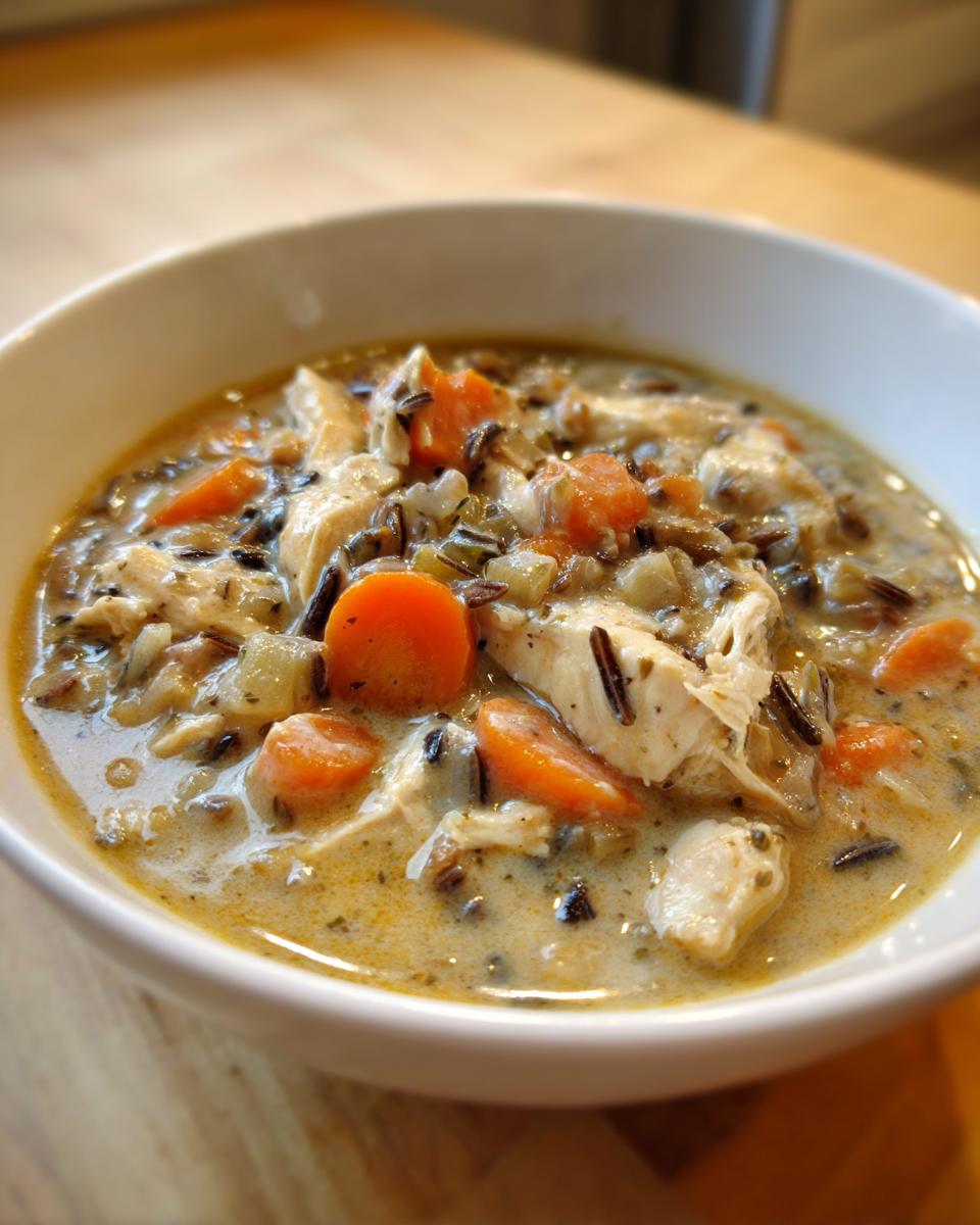Close-up of creamy wild rice soup with chunks of chicken and sliced carrots served in a white bowl.