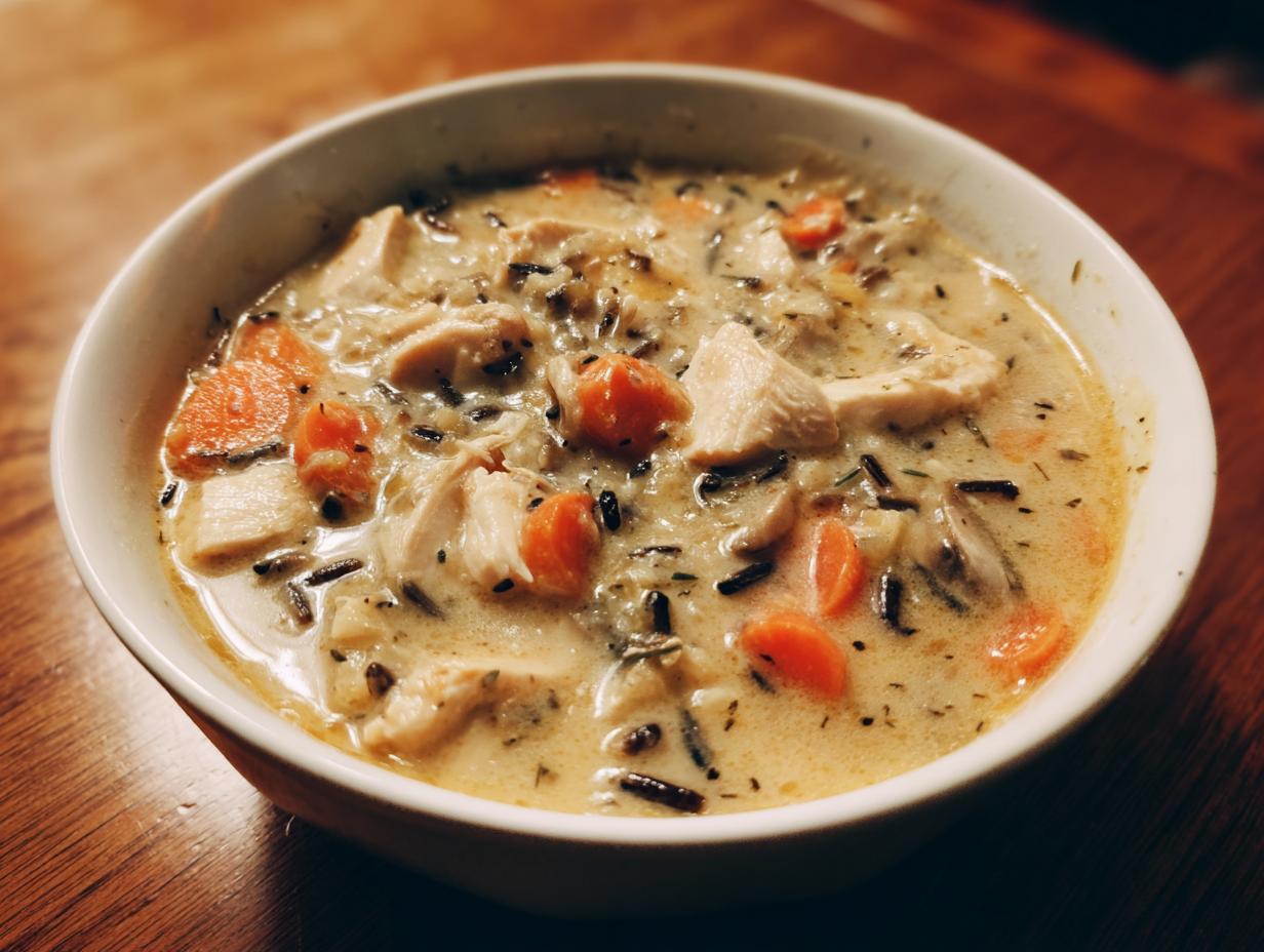 A close-up of a creamy wild rice soup filled with chunks of chicken and bright orange carrots in a white bowl.