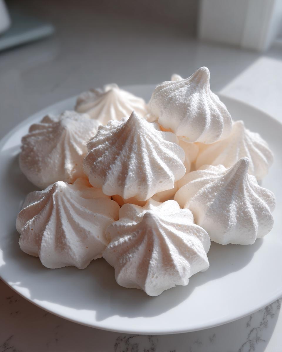 A close-up of several perfectly piped, crisp white meringue cookies piled on a white plate.