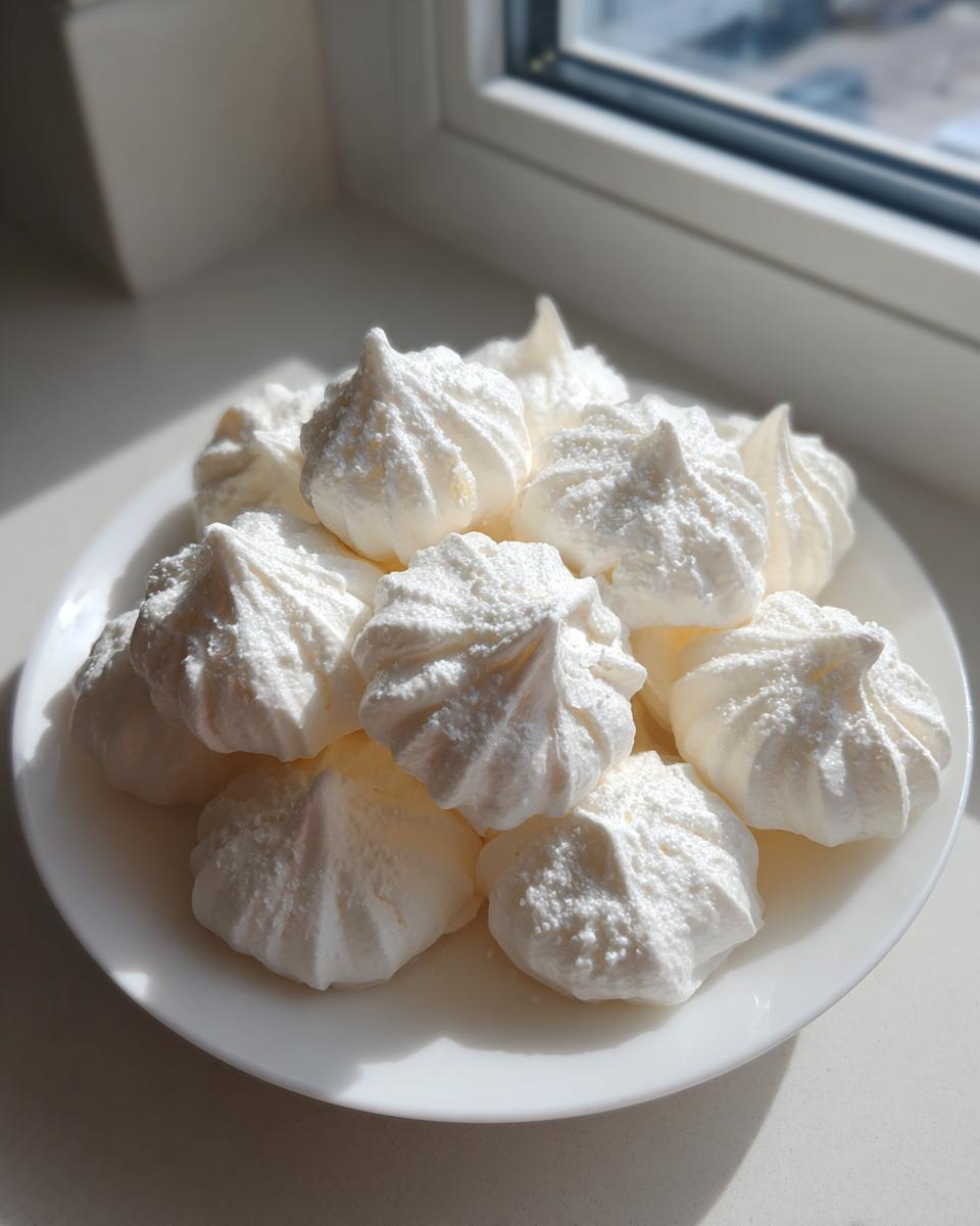 A white plate piled high with perfectly piped, crisp meringue cookies catching bright sunlight near a window.