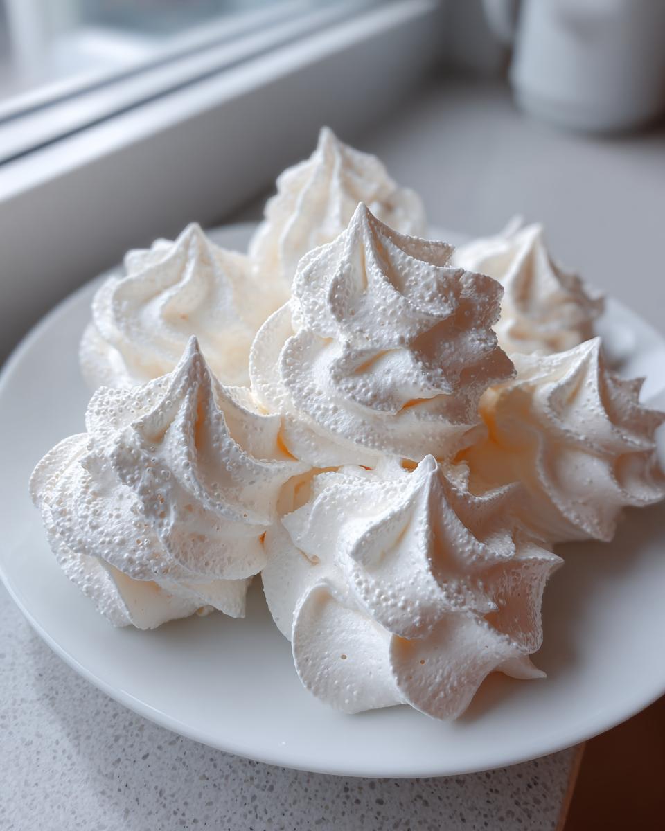 A close-up view of several crisp, white meringue cookies piped into swirls on a white plate.