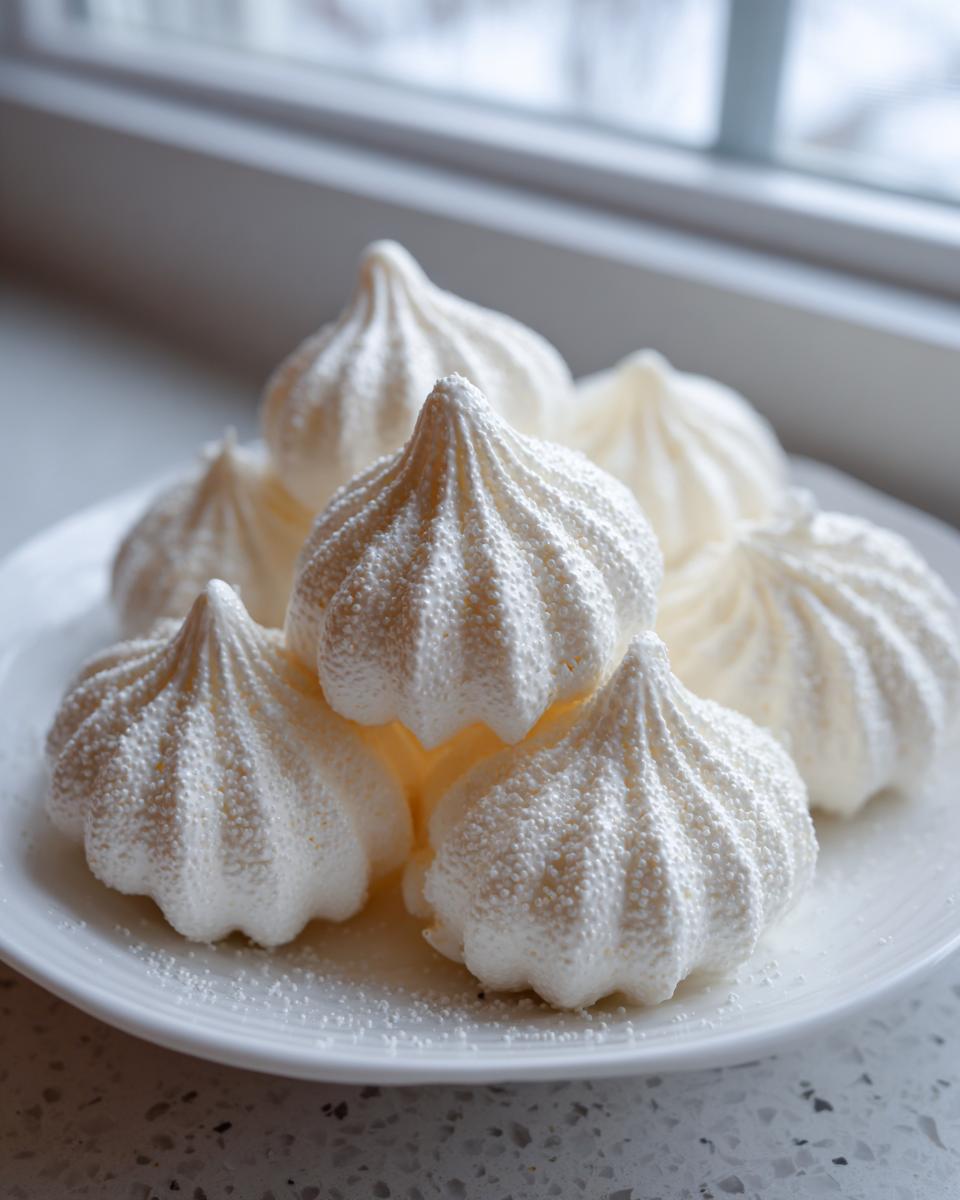 A close-up of several crisp, white meringue cookies piped into peaks, resting on a white plate.