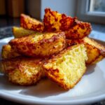 Close-up of perfectly cooked, crispy air fryer potato wedges piled on a white plate, showing a fluffy interior.