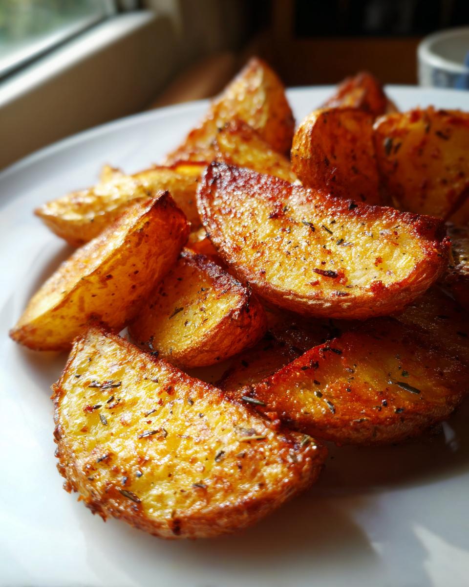 Close-up of perfectly golden and crispy air fryer potato wedges seasoned with herbs on a white plate.