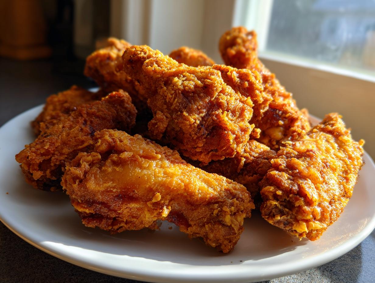 A close-up of golden brown, heavily textured crispy baked chicken wings piled high on a white plate.
