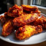 A close-up of a pile of golden-brown, seasoned, crispy baked chicken wings on a white plate.