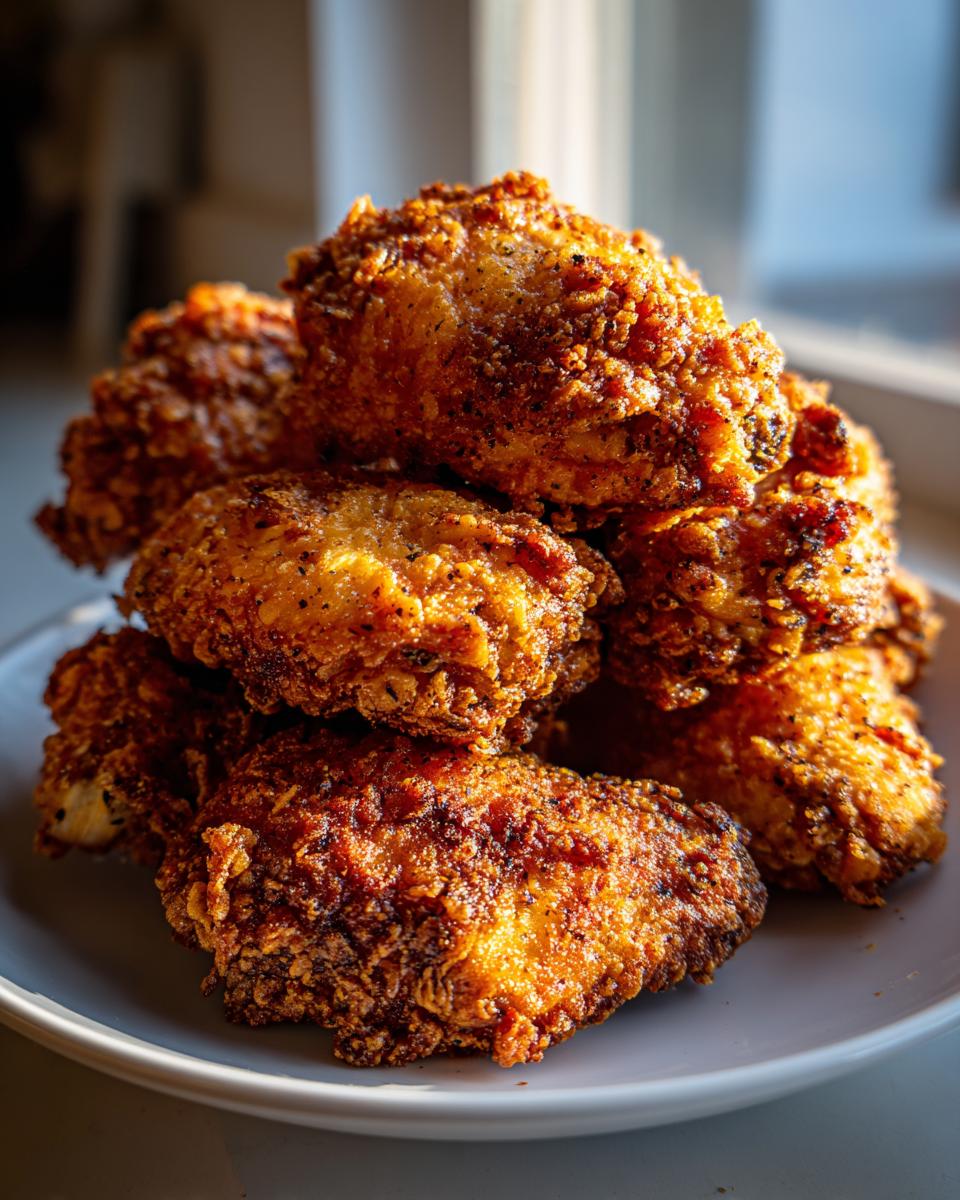 A close-up stack of golden brown, extra crispy baked chicken wings seasoned with pepper.