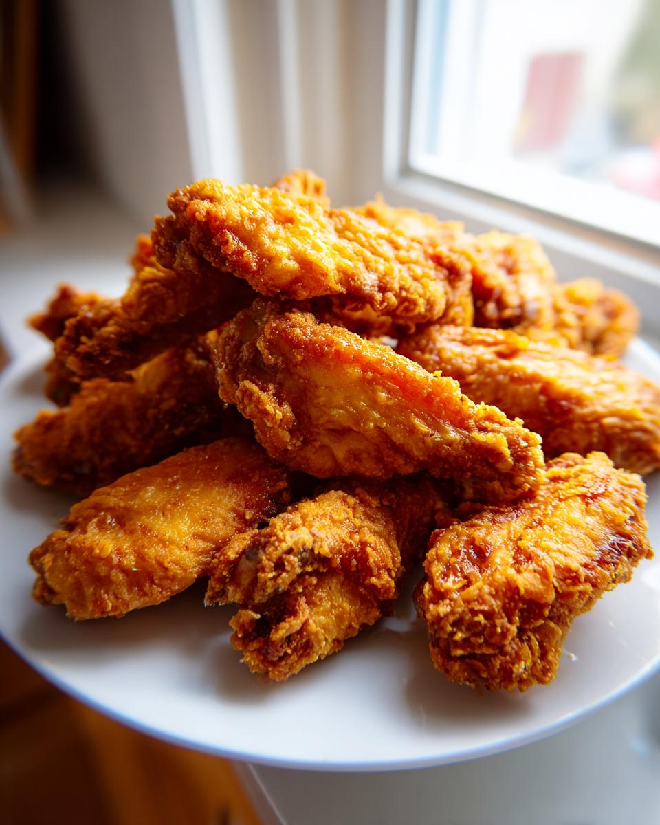 A close-up stack of golden brown, perfectly crispy baked chicken wings piled high on a white plate.
