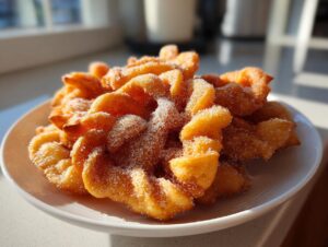 A plate piled high with golden, crispy buñuelos generously dusted with sparkling cinnamon sugar.