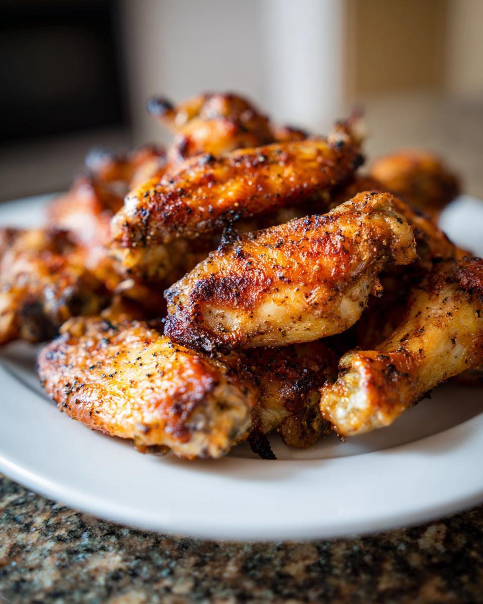 A close-up of a pile of perfectly cooked, crispy chicken wing pieces seasoned with dark spices.
