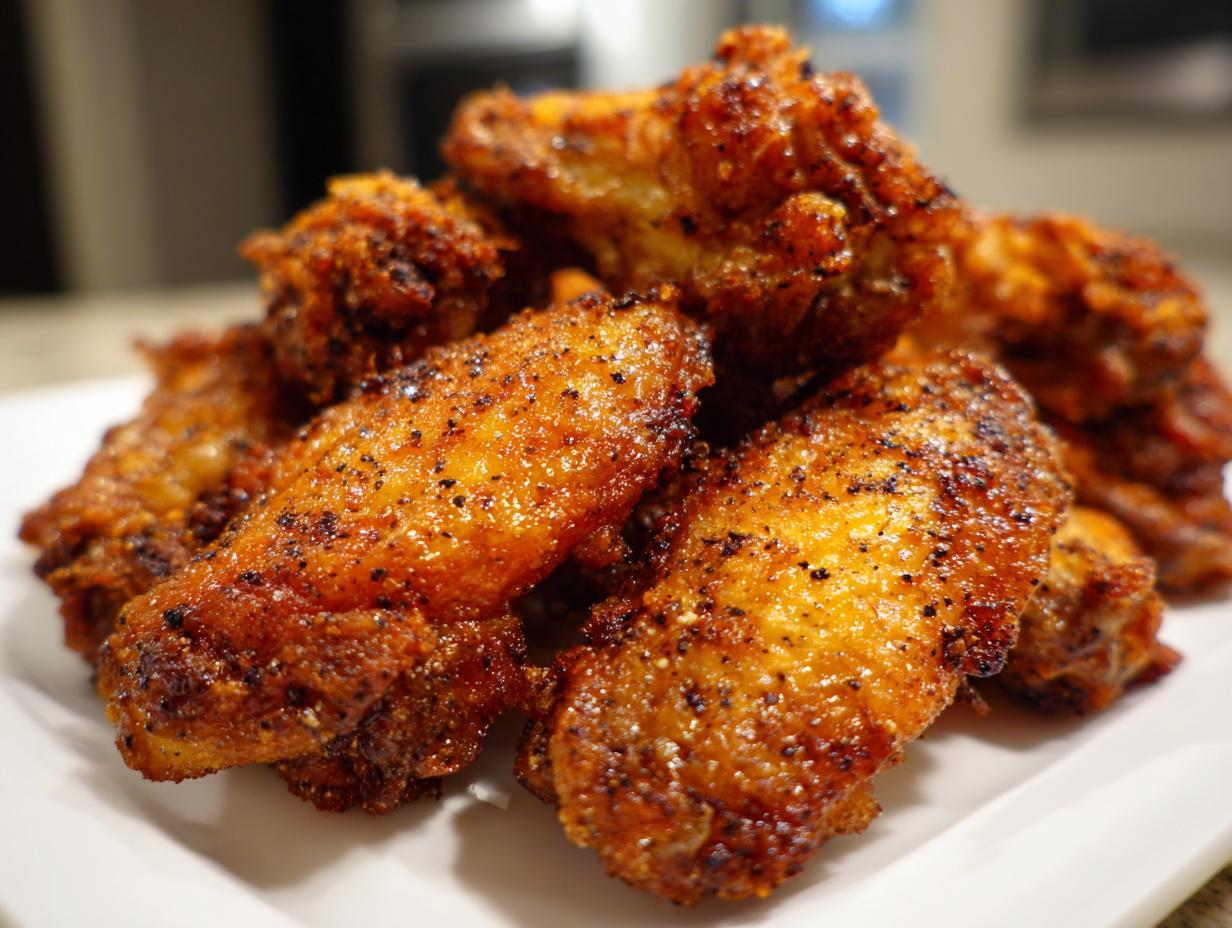 A close-up of a pile of perfectly crispy, golden-brown chicken wing pieces seasoned with black pepper.