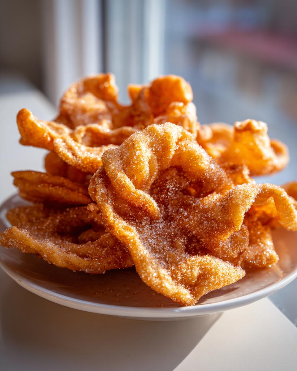 A close-up of a stack of crispy, golden-brown buñuelos generously coated in cinnamon sugar.