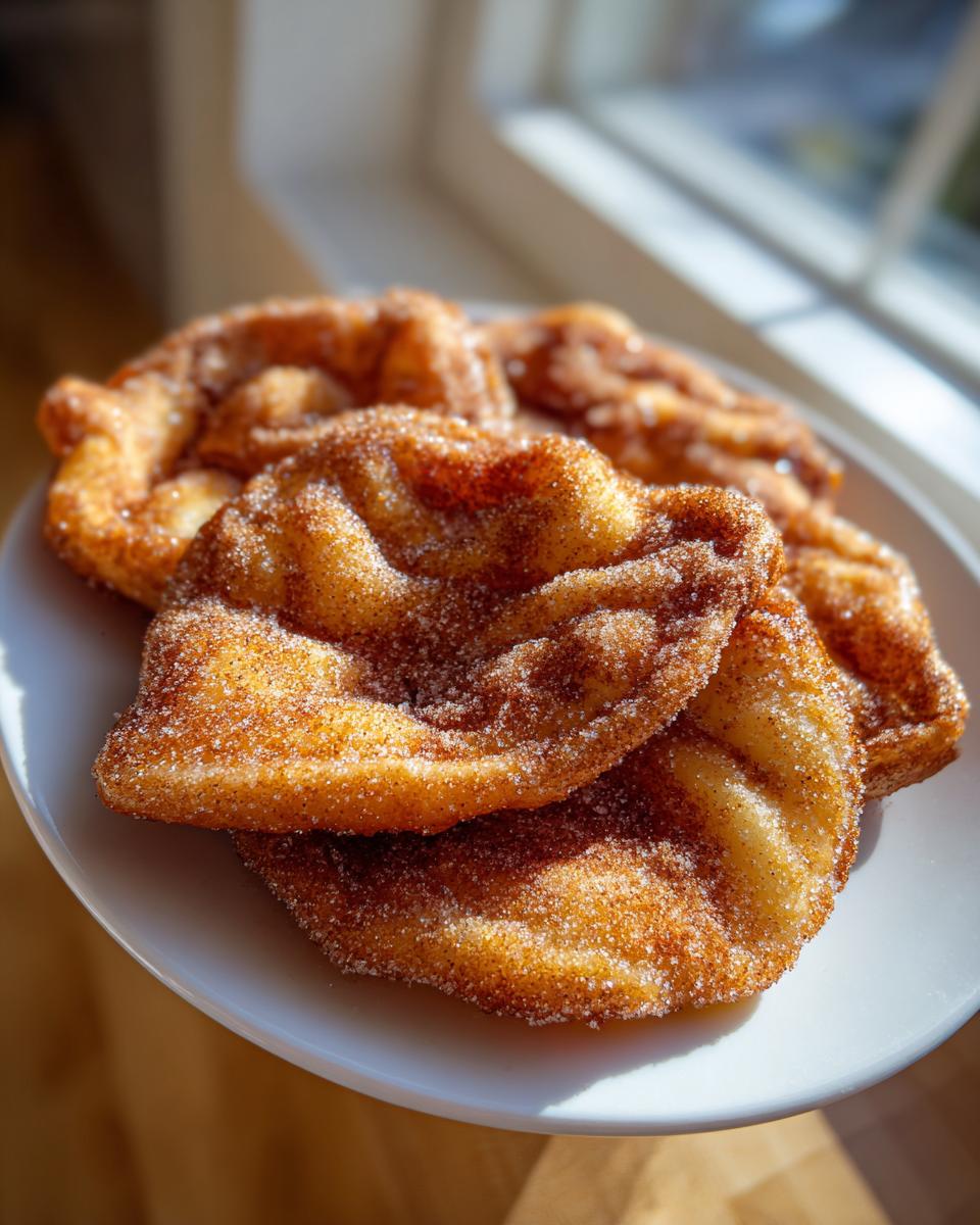 Close-up of several crispy, golden-brown buñuelos heavily coated in cinnamon sugar, resting on a white plate near a window.