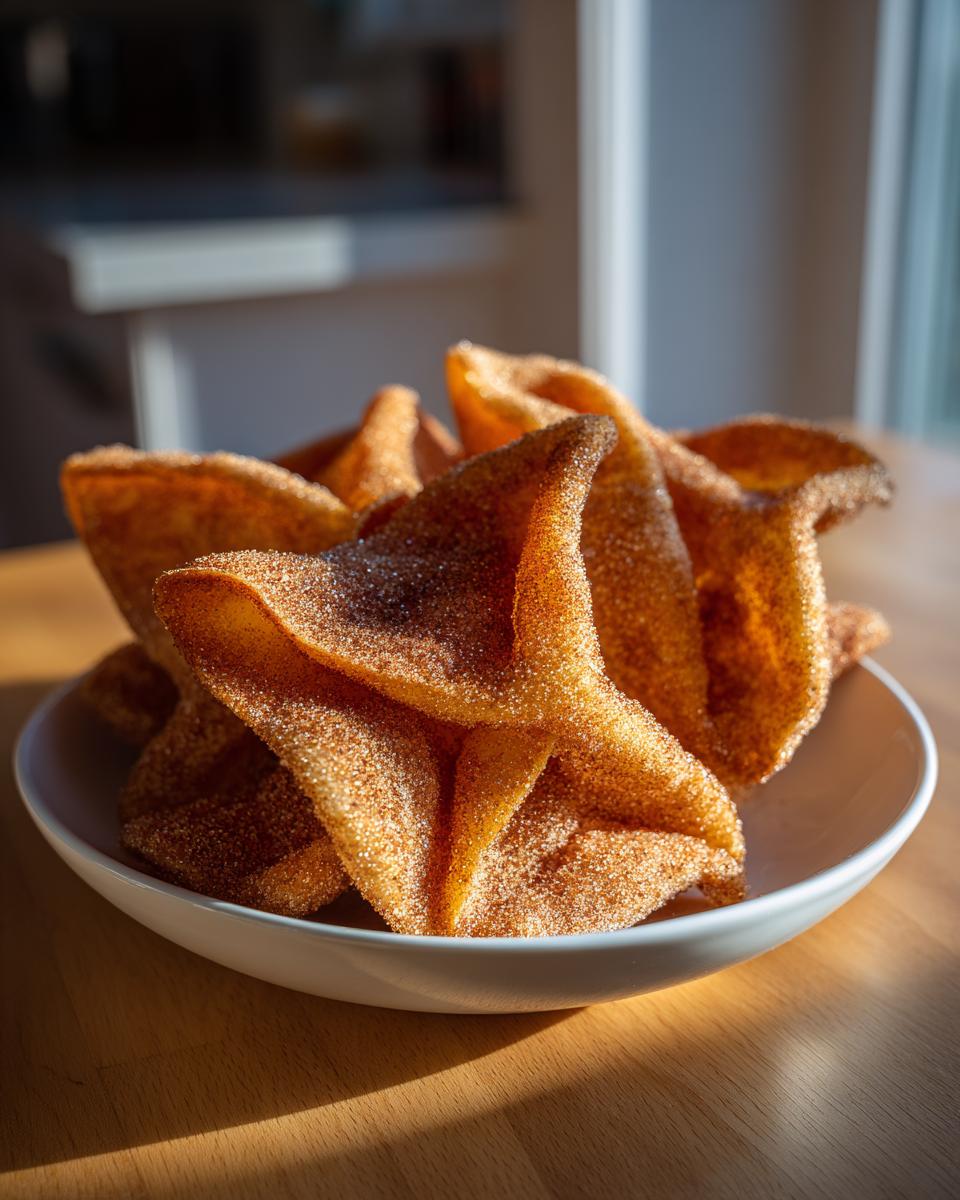 A pile of star-shaped, crispy buñuelos heavily coated in cinnamon sugar, served in a white bowl.