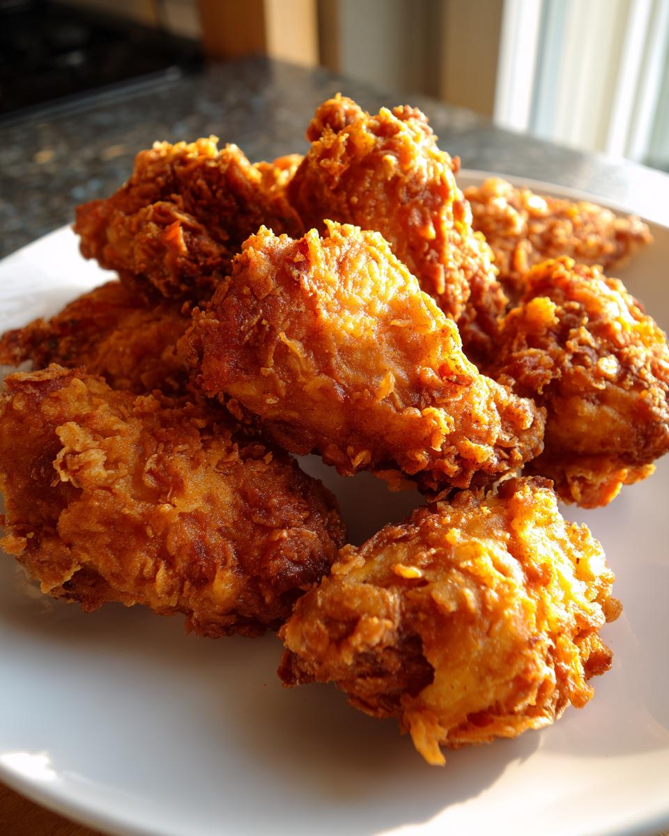 A close-up shot of several golden-brown, crispy fried chicken wings piled on a white plate.