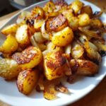 Close-up of golden brown, crispy fried potatoes mixed with caramelized onions served on a white plate.