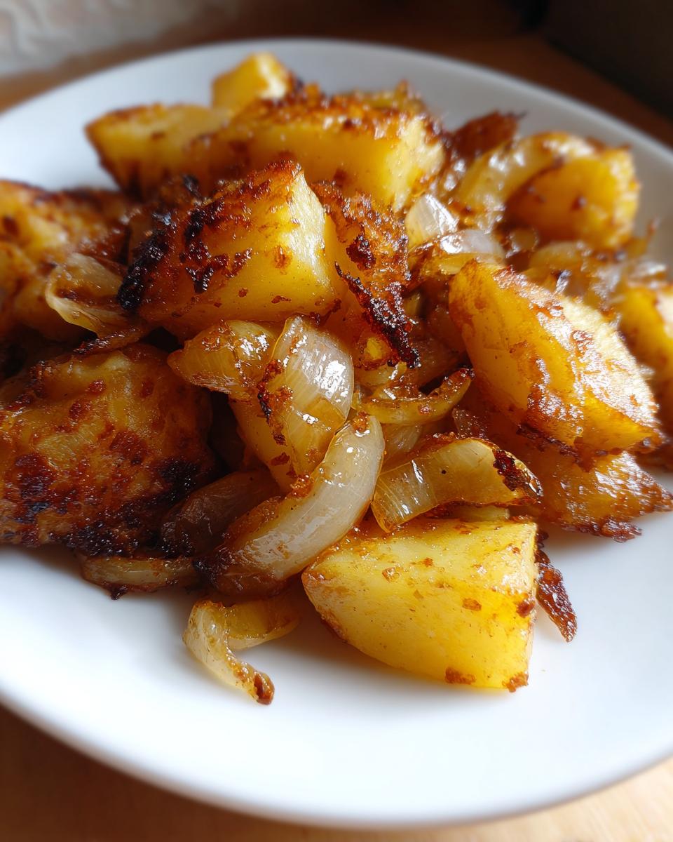 Close-up of golden brown, crispy fried potatoes mixed with soft, caramelized onions served on a white plate.