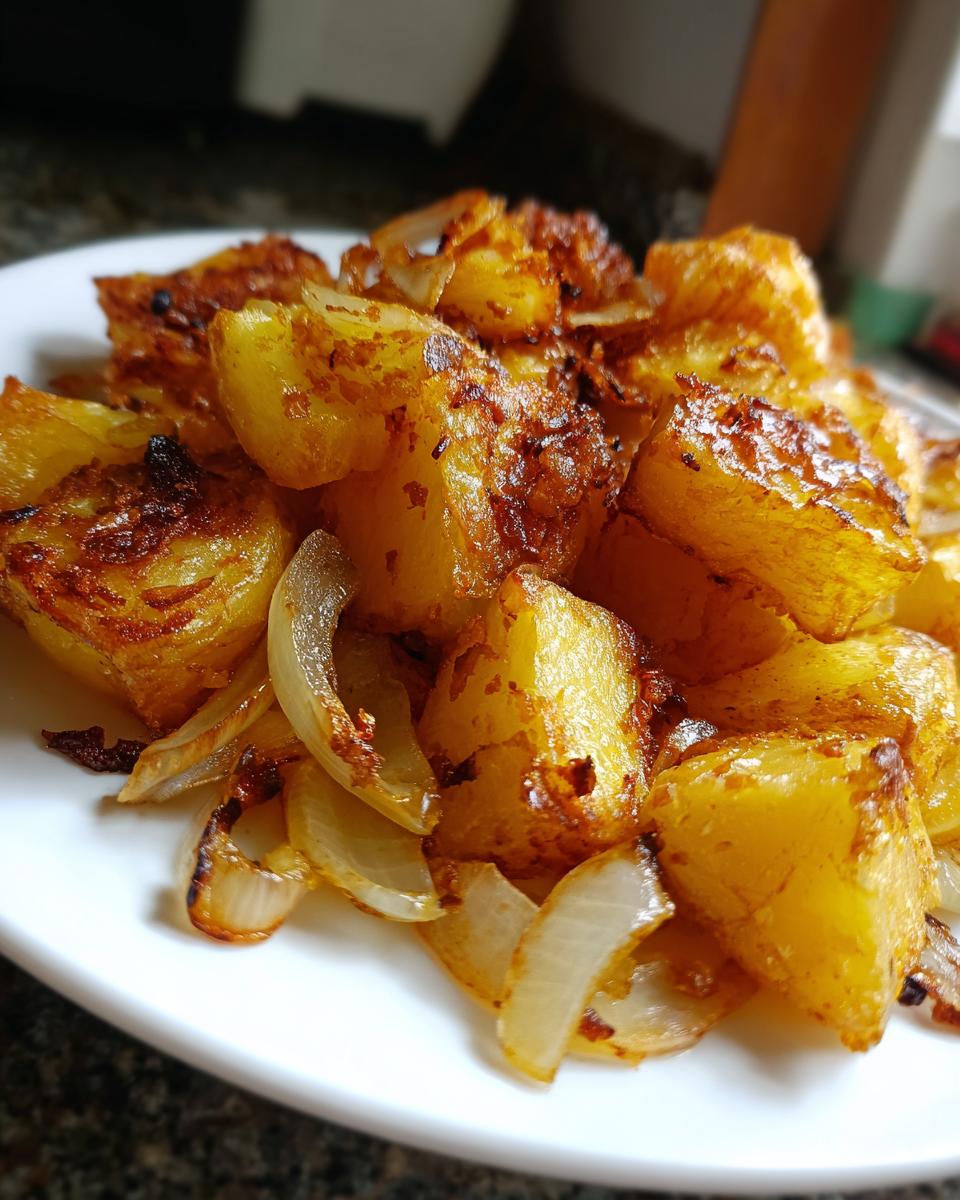 Close-up of golden brown, crispy fried potatoes mixed with caramelized onions served on a white plate.