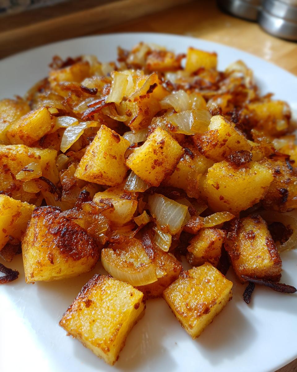 Close-up of golden brown, cubed fried potatoes mixed with caramelized onions served on a white plate.