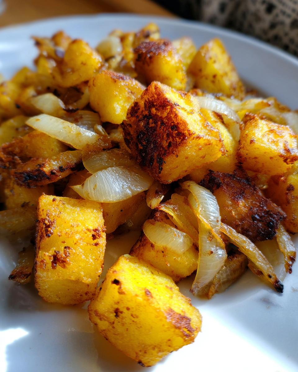 Close-up of golden brown, crispy fried potatoes mixed with caramelized onions.