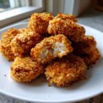 A pile of golden brown, crispy homemade chicken nuggets on a white plate, one nugget broken open showing the white chicken interior.