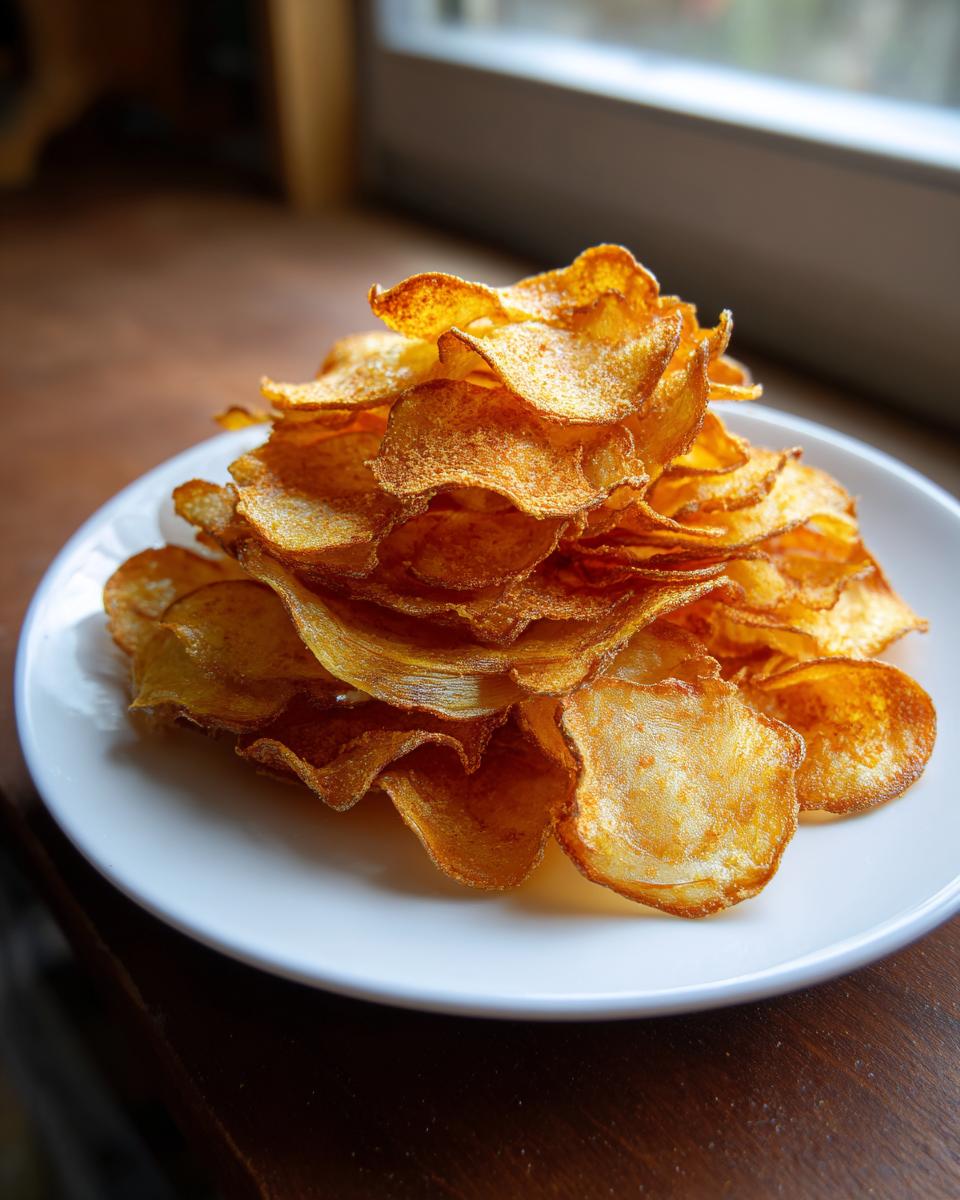 A tall stack of golden brown, crispy homemade potato chips piled high on a white plate.