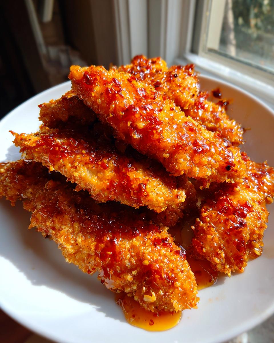 A close-up of crispy, golden hot honey chicken tenders piled high on a white plate, glistening with spicy glaze.