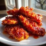 A close-up of crispy, glazed hot honey chicken tenders piled on a white plate, glistening under natural light.
