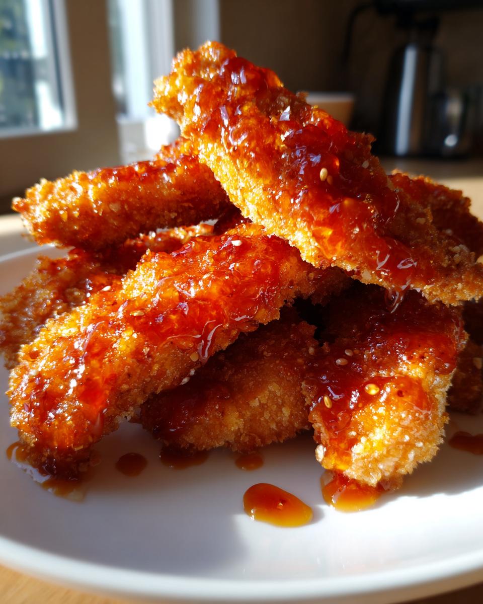 Close-up of crispy, golden hot honey chicken tenders piled on a white plate, glistening with sweet and spicy glaze.