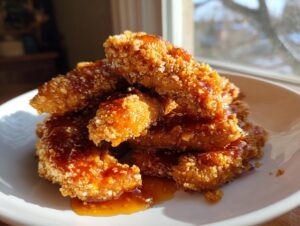 A pile of crispy, golden hot honey chicken tenders drizzled with glossy sauce, served on a white plate.