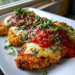 Two pieces of crispy keto chicken parmesan topped with melted mozzarella, marinara sauce, and fresh basil.