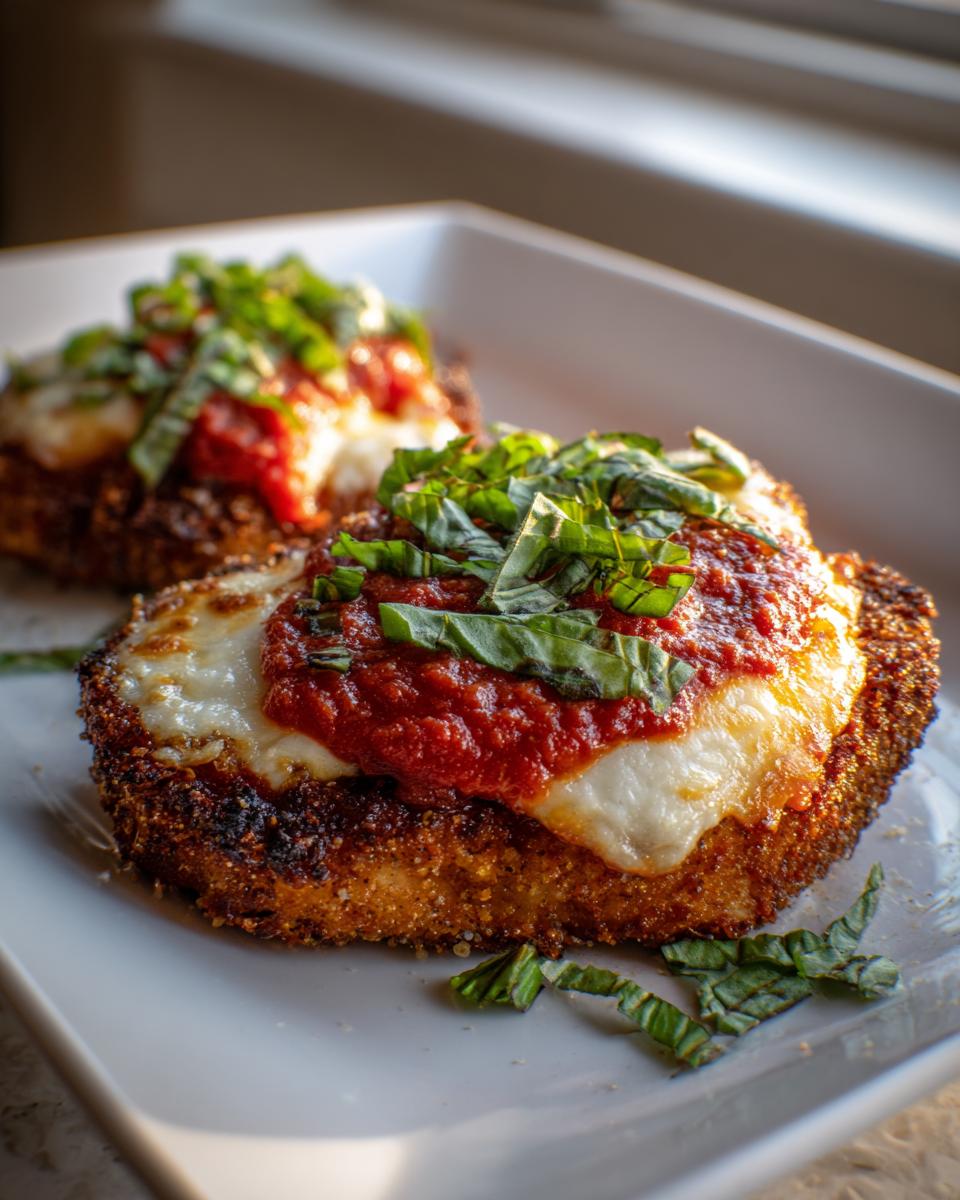 Close-up of two servings of keto chicken parmesan, topped with melted mozzarella, marinara sauce, and fresh basil.