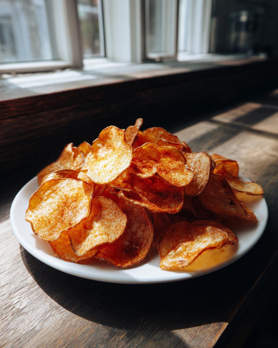 A pile of homemade, seasoned potato chips dusted with spices, served on a white plate near a sunlit window.