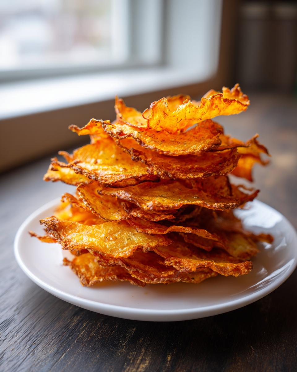 A tall stack of golden, crispy homemade potato chips seasoned and piled high on a small white plate.