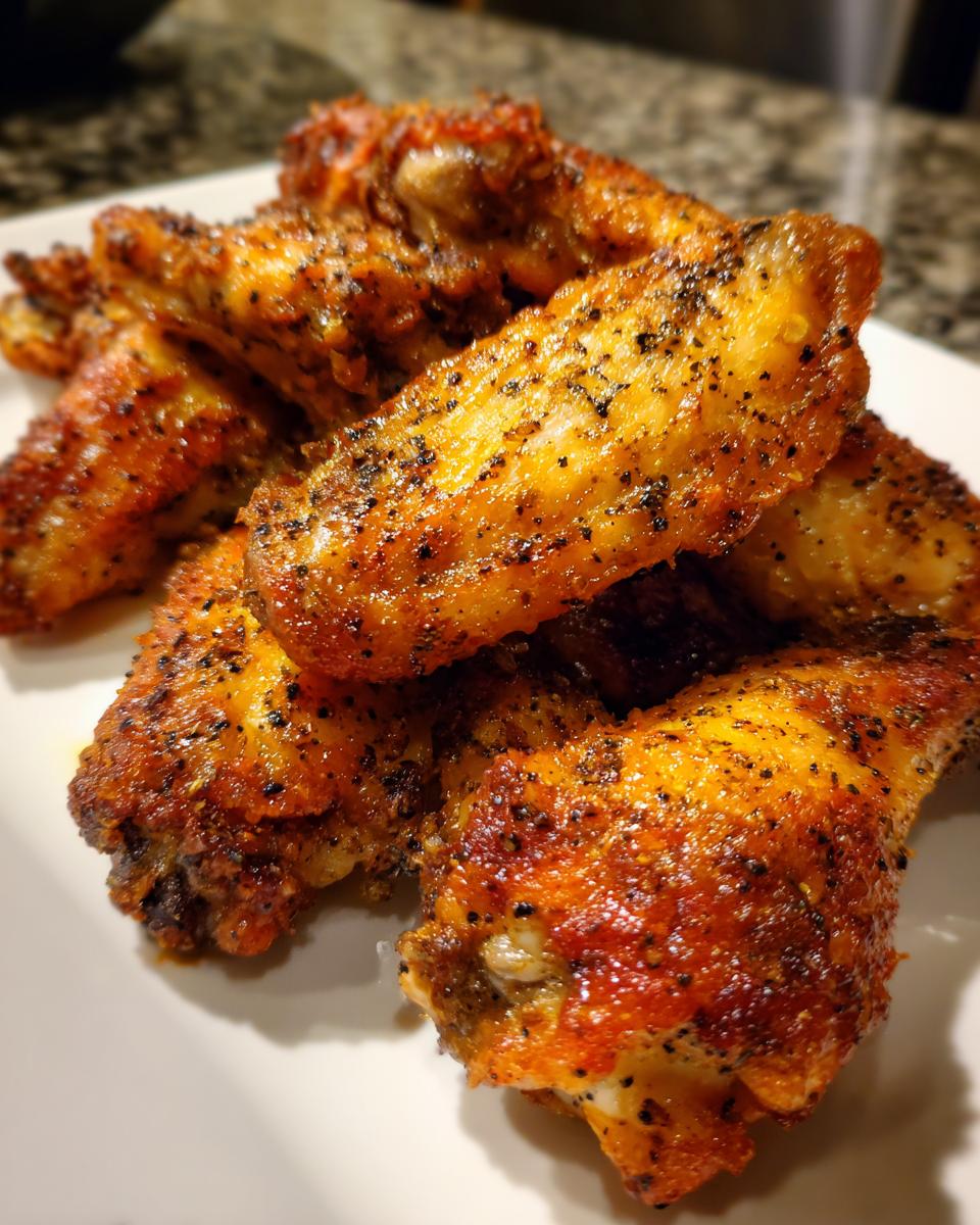 Close-up of several perfectly cooked, crispy chicken wing pieces seasoned heavily with black pepper.