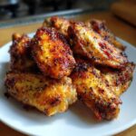 A close-up shot of several perfectly cooked, crispy chicken wing pieces piled on a white plate.