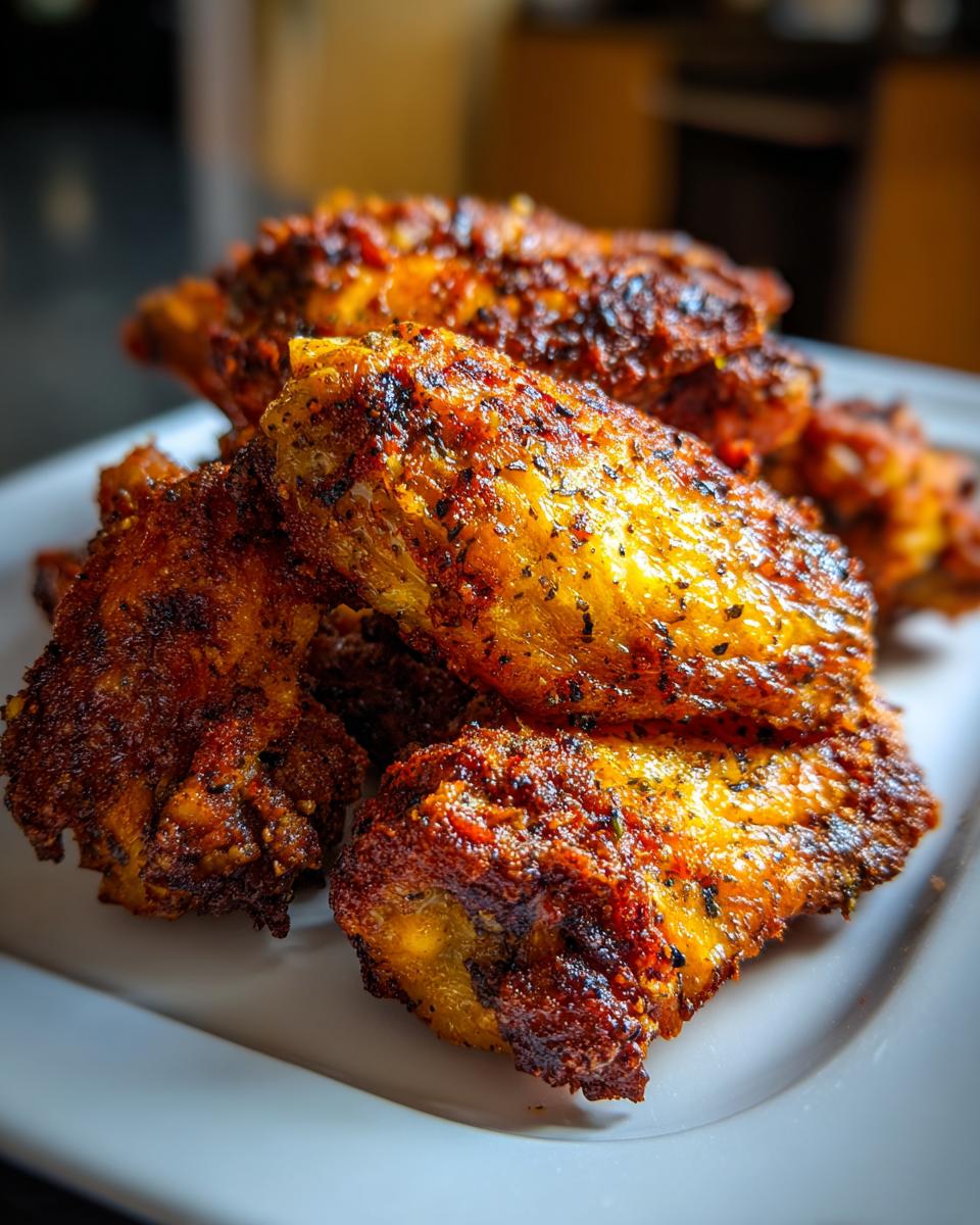 Close-up of several perfectly crispy, seasoned chicken wing pieces piled on a white plate.