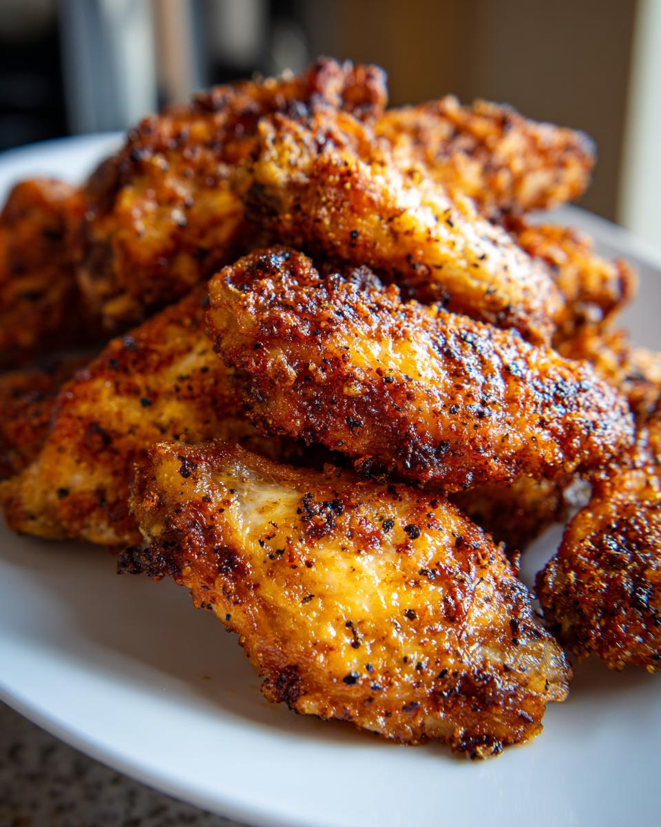 Close-up of a pile of perfectly crispy, seasoned chicken wing pieces dusted with dark spices.
