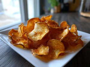 A close-up of homemade, crispy potato chips dusted generously with orange seasoning, served on a square white plate.