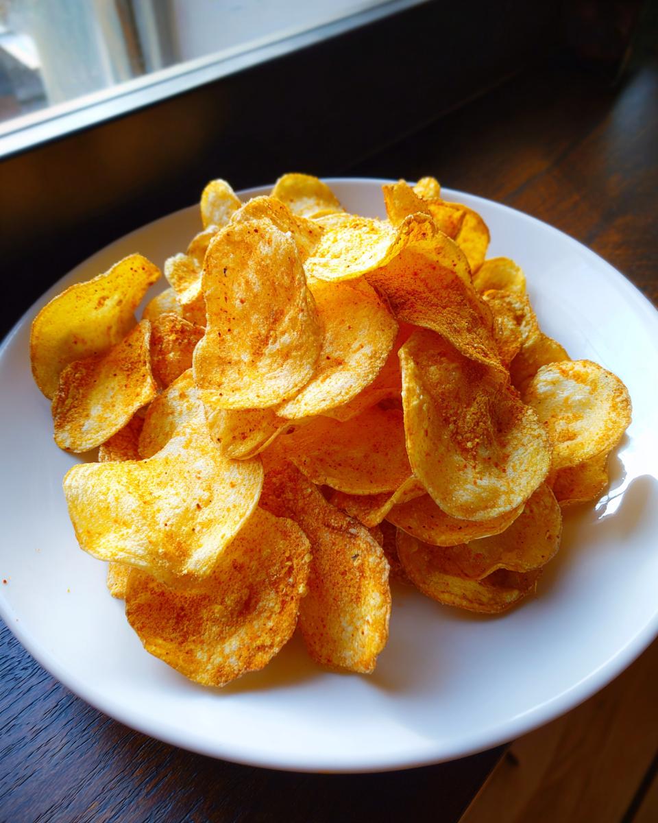 A close-up of a mound of golden, seasoned potato chips piled high on a white plate, highlighting their crisp texture.