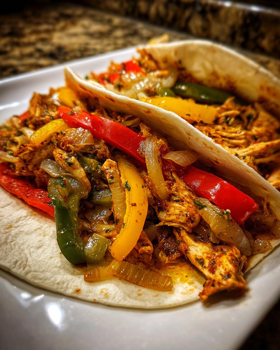 Two soft tortillas filled with seasoned shredded chicken, sautéed onions, and colorful red, yellow, and green bell peppers for crockpot chicken fajitas.