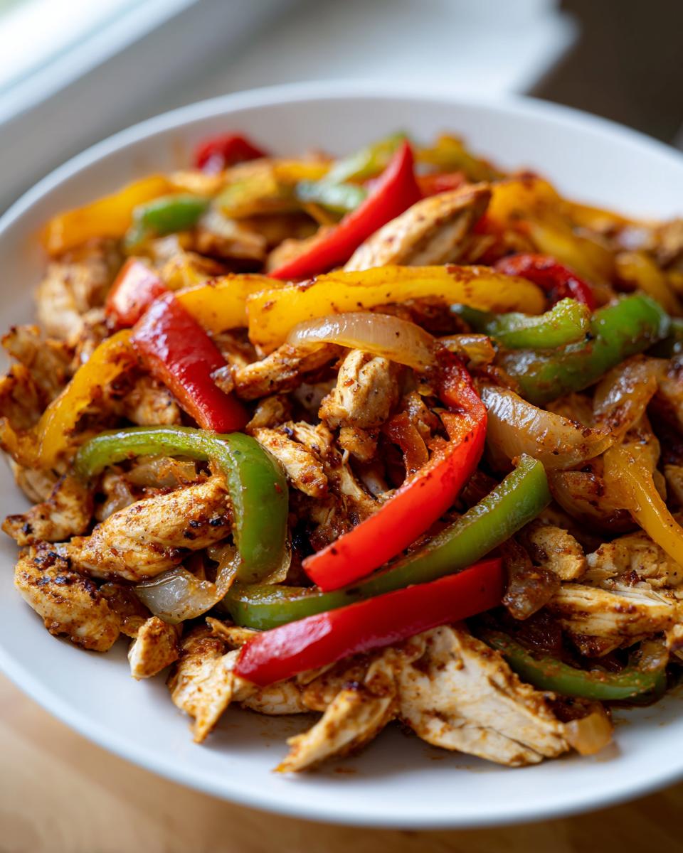 Close-up of seasoned chicken strips mixed with colorful bell peppers and onions, the filling for crockpot chicken fajitas.