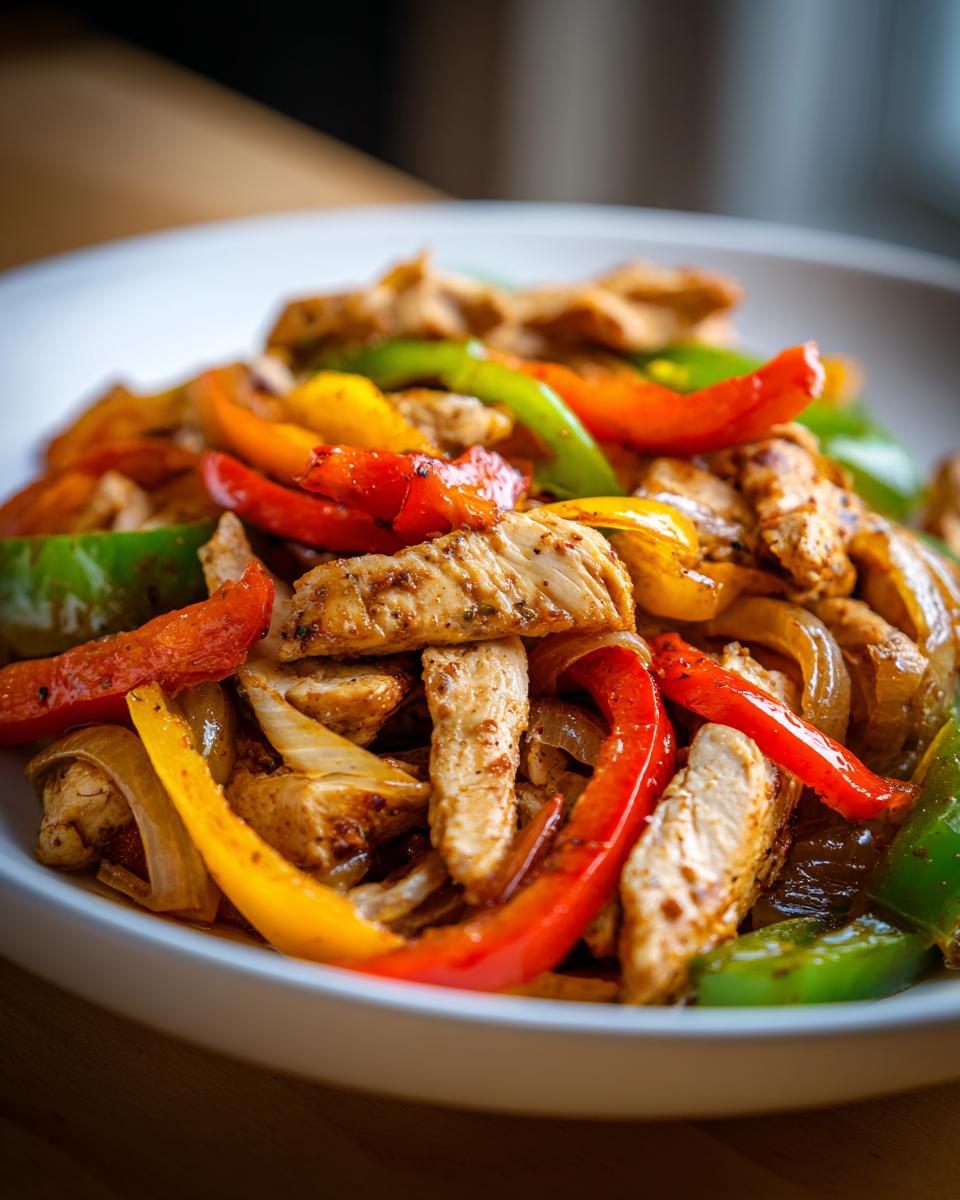 Close-up of seasoned strips of chicken mixed with colorful sautéed bell peppers and onions for crockpot chicken fajitas.