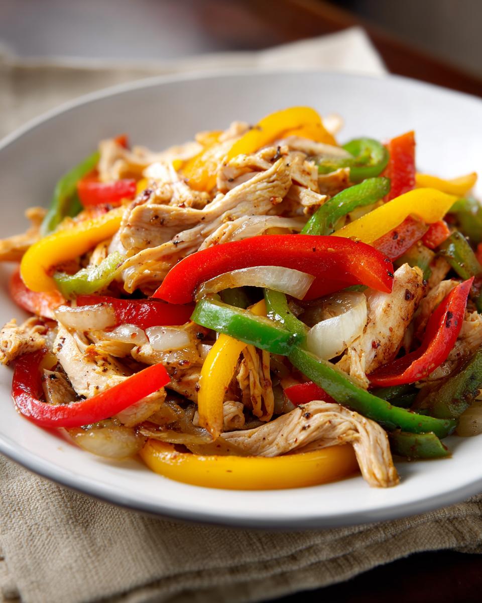 Close-up of shredded chicken mixed with colorful bell peppers and onions, ready for crockpot chicken fajitas.